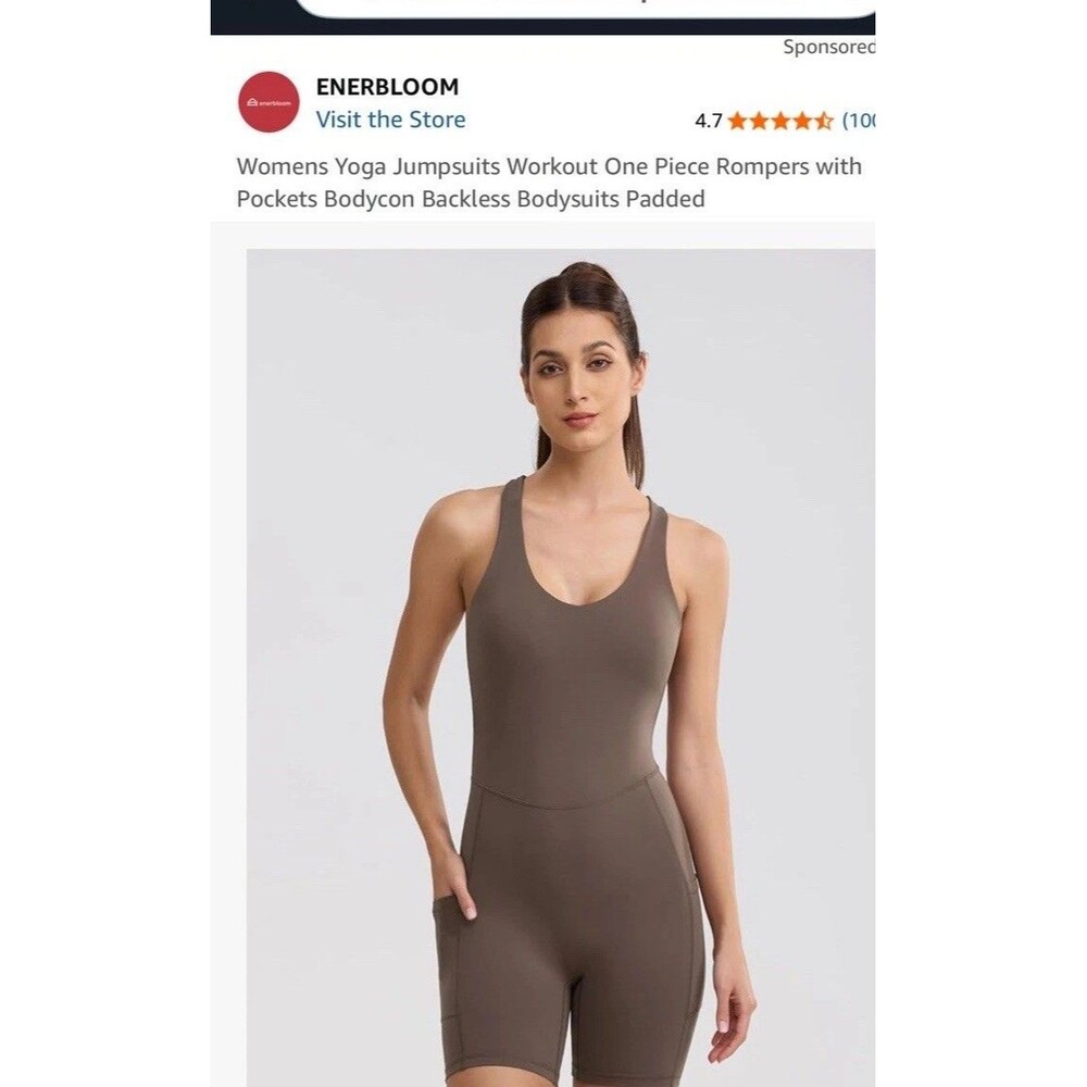 Enerbloom Women’s Size Med Workout Backless Stretch Romper with Pockets Coffee